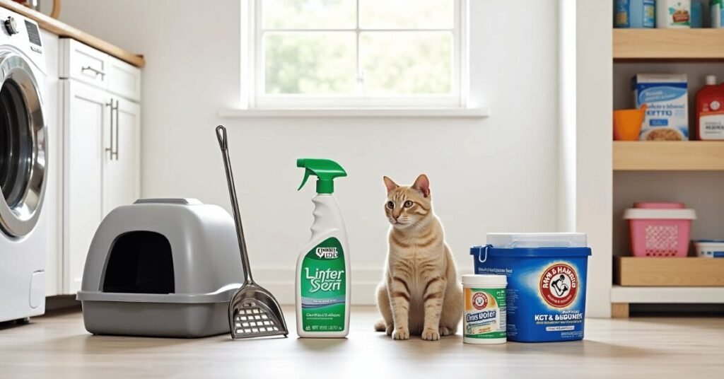 Best products for litter box maintenance — modern litter boxes, scooper, deodorizer, and cat litter displayed in a clean home.