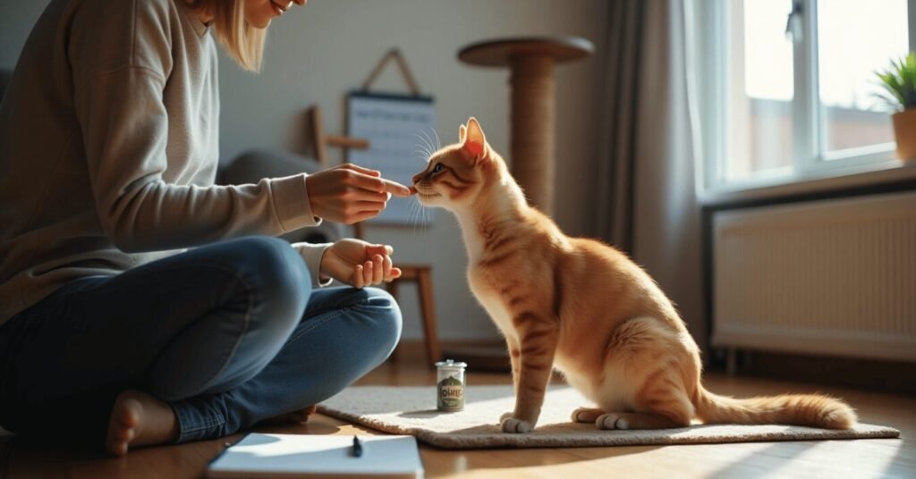 A person rewarding their cat while planning a consistent long-term training routine at home.