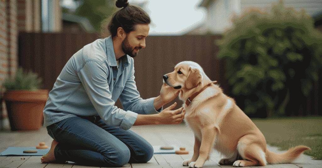 Mastering dog training basics by handling training setbacks with patience and gentle encouragement in a calm backyard session.