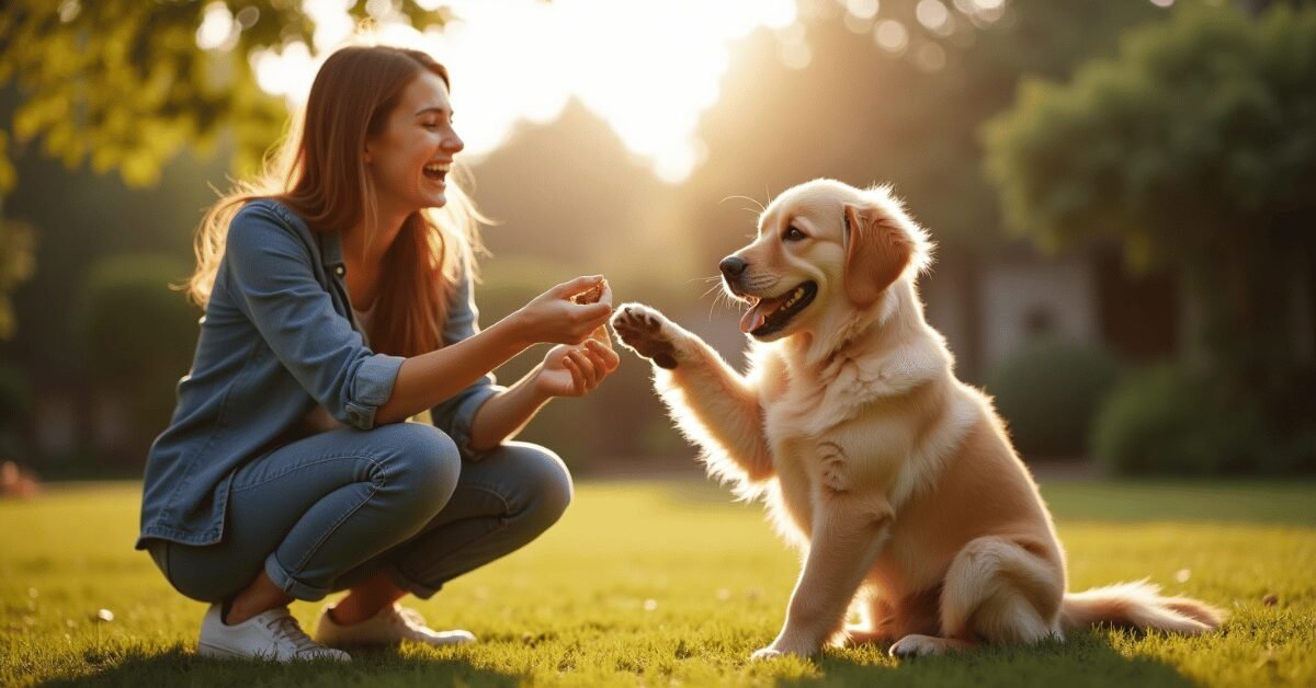 Mastering dog training basics with a Labrador puppy and first-time dog owner in a backyard session.