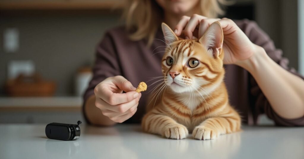 A person gently redirecting their cat off the kitchen counter during a calm training session.