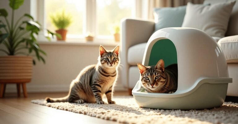 A relaxed tabby cat near a clean litter box in a modern home, representing Litter Box Mastery in a peaceful, hygienic environment.