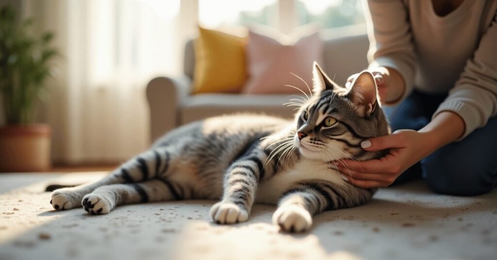 A calm cat enjoying gentle handling and socialization with its owner in a sunlit living room.