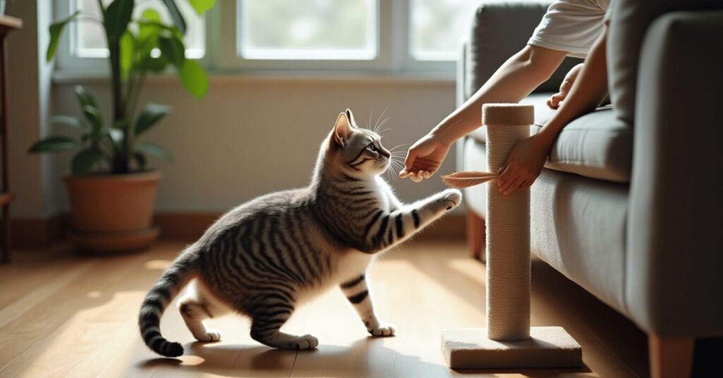 A person calmly redirecting a cat from scratching the sofa to using a scratching post at home.