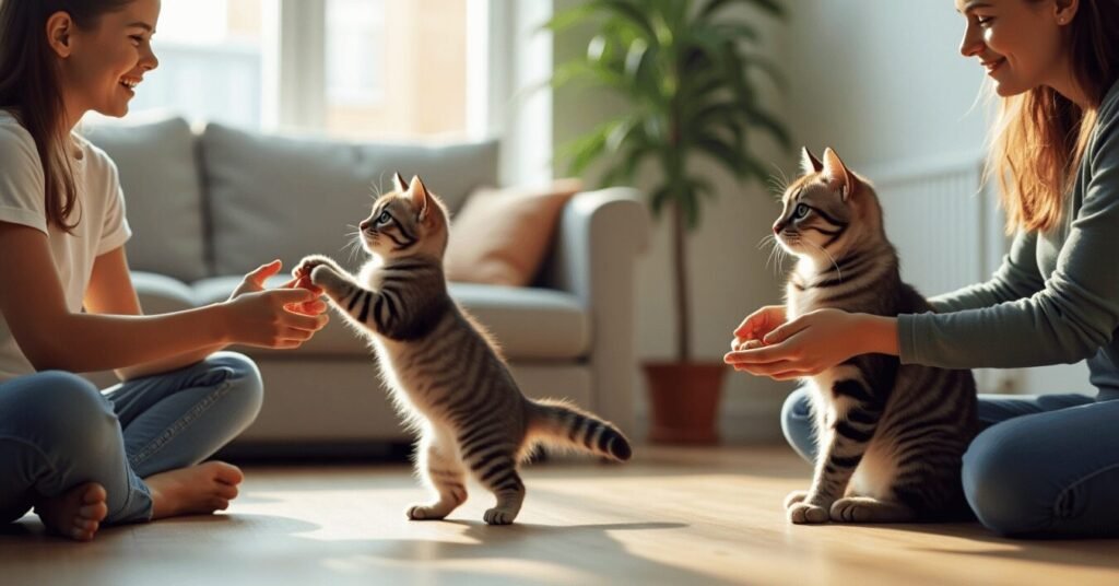 A side-by-side comparison of a kitten and an adult cat being trained in different ways at home.