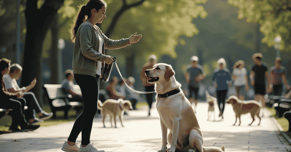 Mastering dog training basics by practicing obedience and focus in real-world public spaces.
