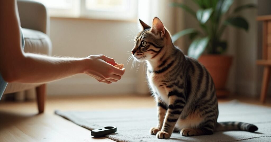 A tabby cat being rewarded with a treat after completing a training command at home.