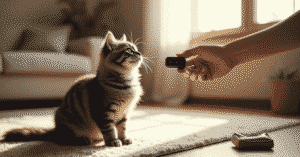 clicker training essentials shown with cat on mat learning commands using a clicker