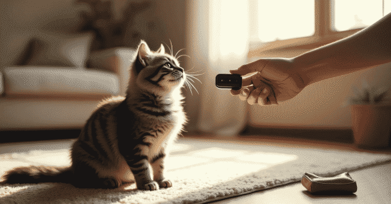 clicker training essentials shown with cat on mat learning commands using a clicker