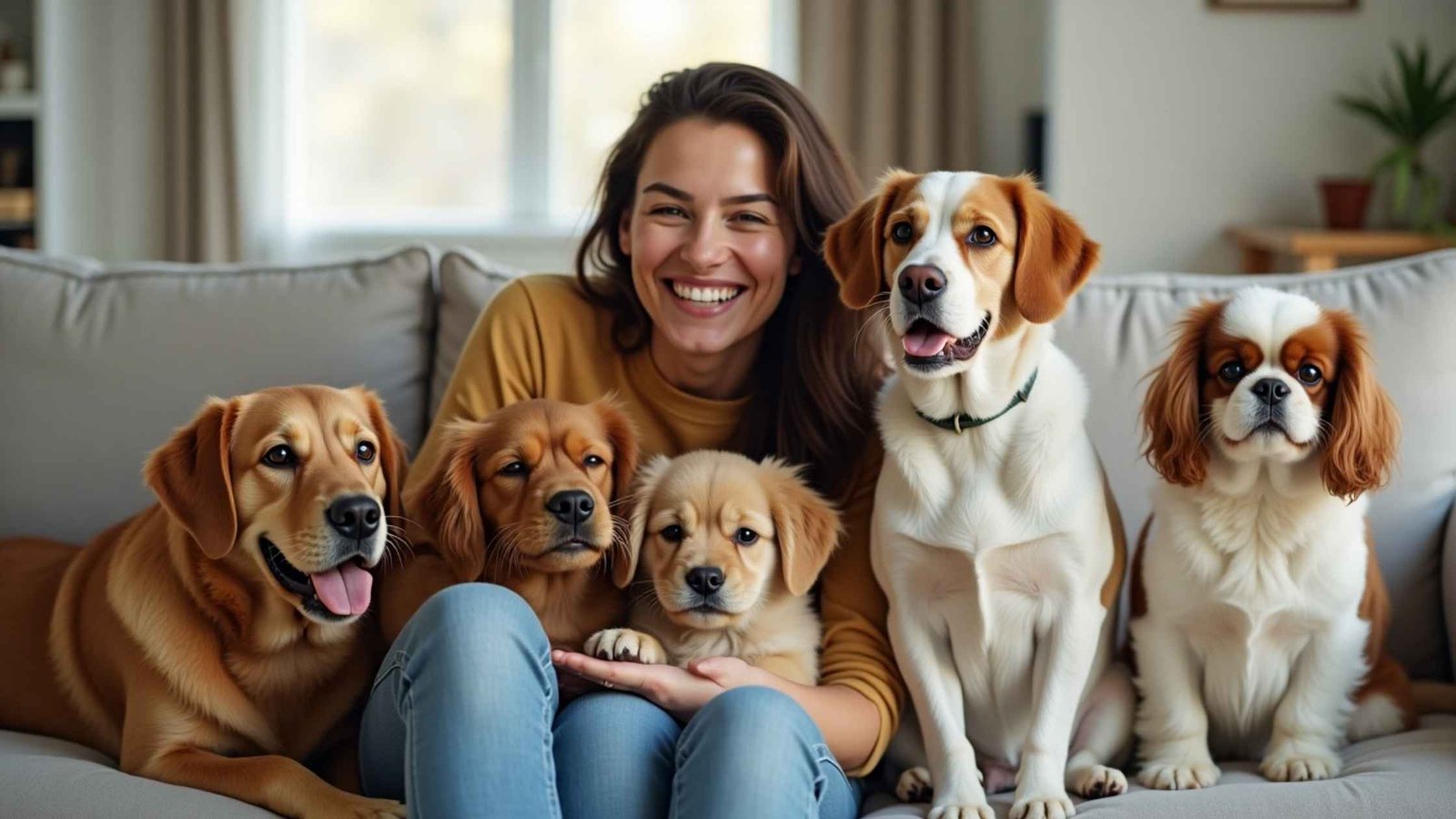 A smiling woman with long brown hair sits on a gray couch, surrounded by five dogs of different breeds, including a Golden Retriever, a Cavalier King Charles Spaniel, a Beagle, and two Golden Retriever puppies, ideal as dog breeds for first time owners. The room is brightly lit with natural light from a window, featuring a potted plant and modern decor.