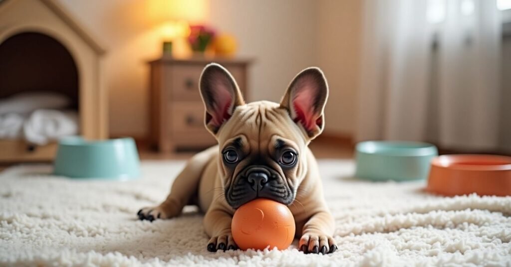 French Bulldog puppy playing with chew toy on a blanket in a safe indoor space