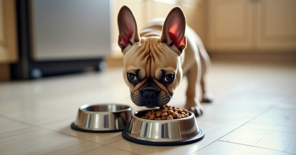 French Bulldog eating dry kibble from a food bowl in a clean kitchen environment”