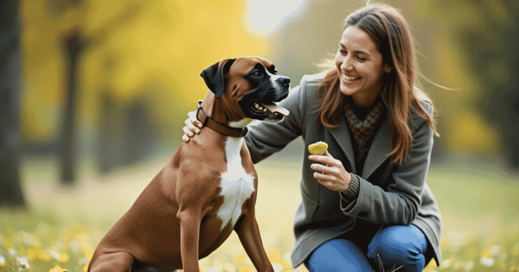 A Boxer dog proudly sitting after completing a "sit" command, with its owner rewarding the accomplishment.