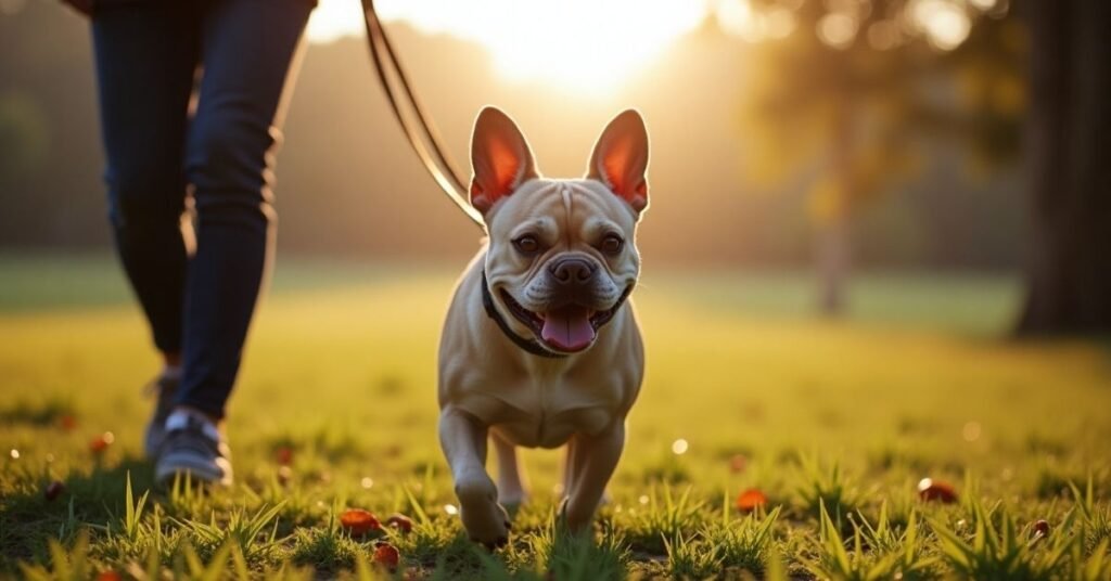 French Bulldog walking on a leash in a quiet park during early morning