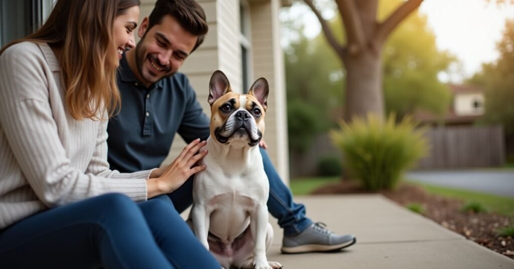 French Bulldog sitting with a couple on a porch, enjoying affectionate bonding moment