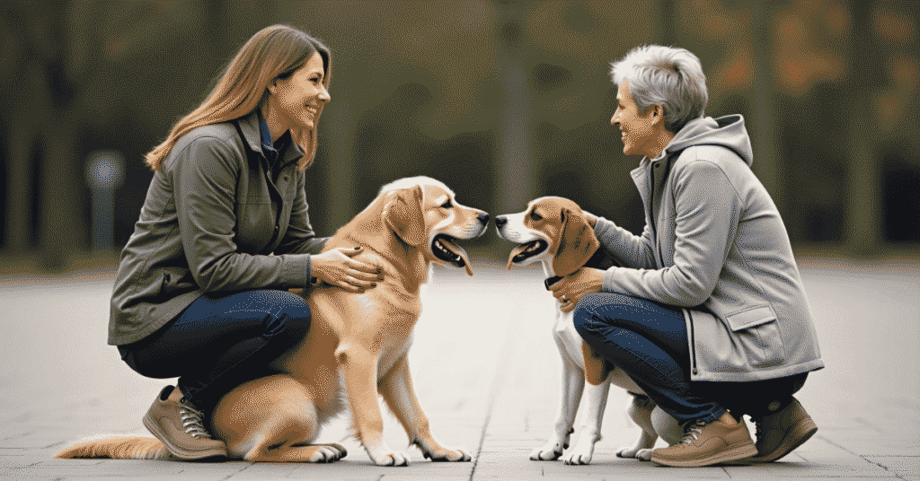 Two dogs performing the "sit" trick in unison during a training session with their owner.

