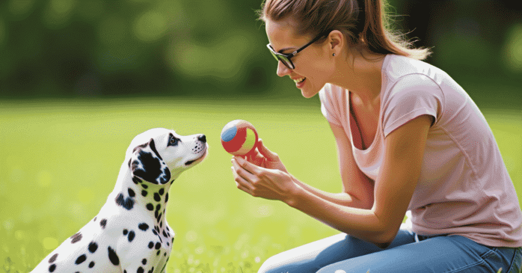 A woman teaching her Dalmatian puppy the "leave it" trick in an outdoor sunny setting.
