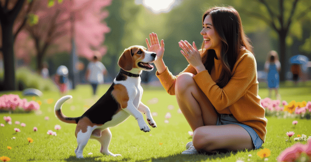 A Beagle performing the "peekaboo" trick with its owner in a lively park setting.