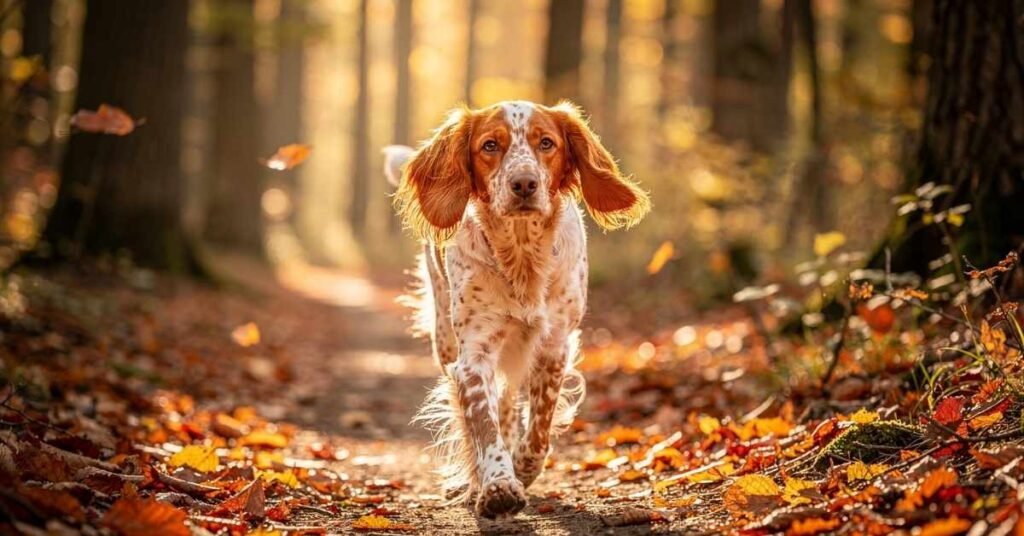 Brittany Spaniel in forest – medium sized dog breed