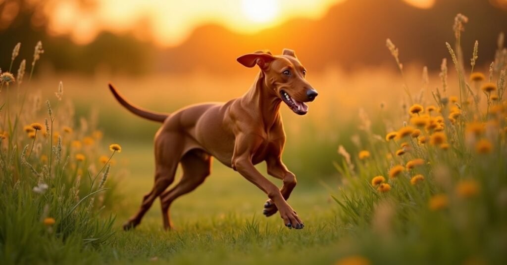 Vizsla running in meadow – medium sized dog breed