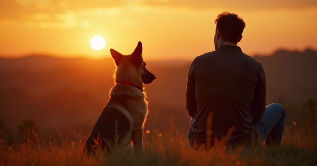 A german shepherd dog breed sitting with its owner during sunset.