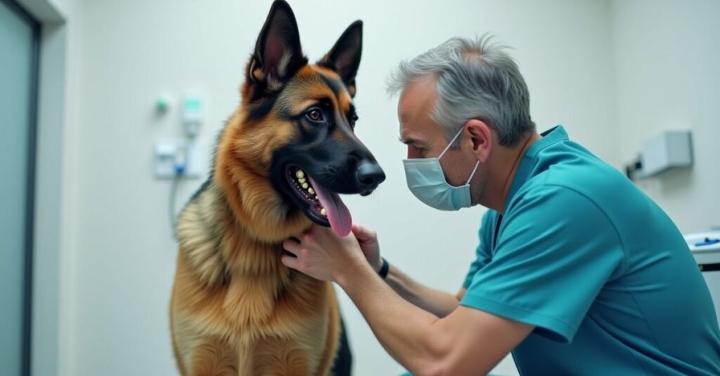 A veterinarian checking the health of a german shepherd dog breed.