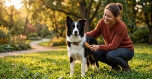 Border Collie dog care featured image showing a healthy black and white Border Collie being groomed by its owner in a green outdoor park during golden hour. Photorealistic pet care lifestyle scene for dog training, grooming, health, and Border Collie care articles.