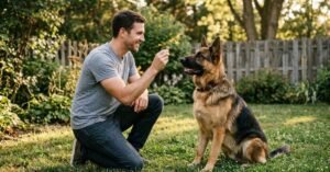 German Shepherd training tips for rewarding obedient sit command outdoors
