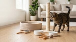 Healthy cat exploring essential cat products in a modern home.