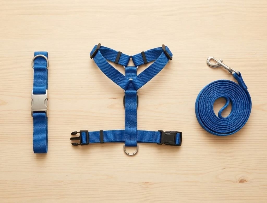 Dog collar, harness, and leash laid out for comparison