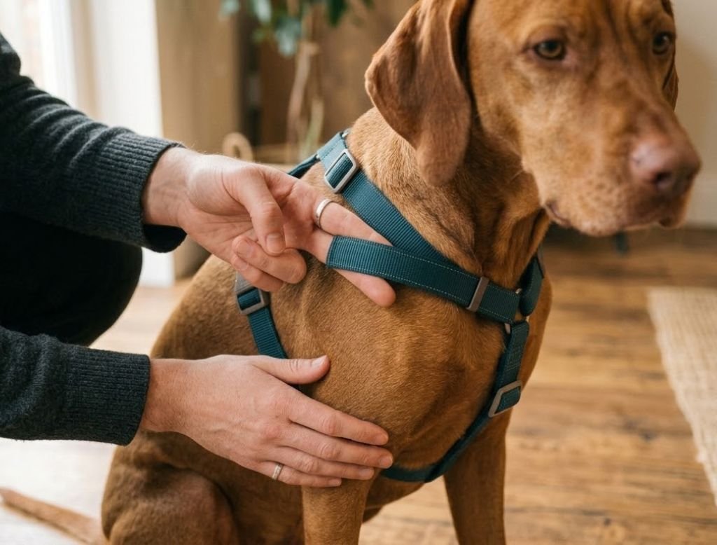 Checking a dog harness fit with the two-finger rule