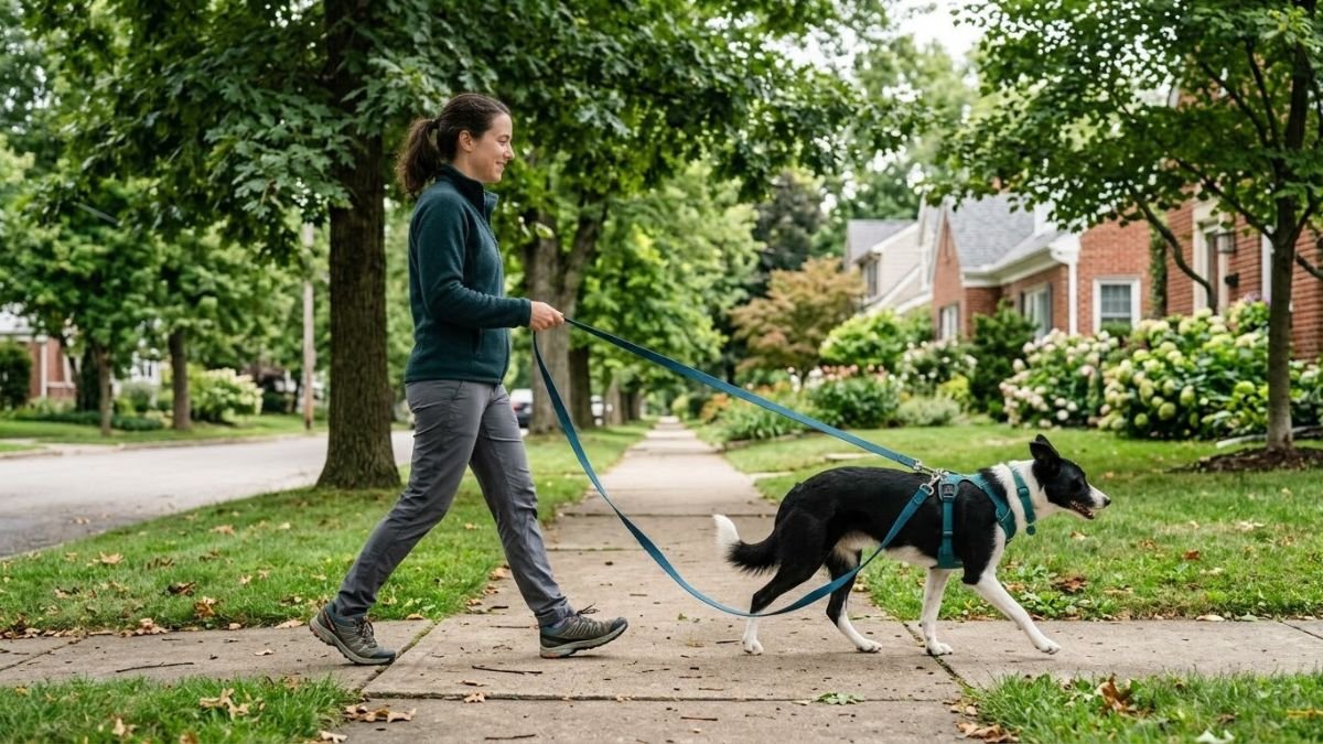 Dog walking on a loose 6-foot leash on a sidewalk