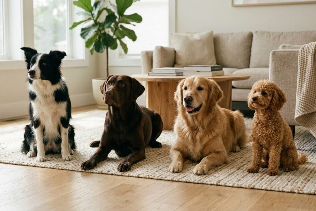 Different dog breeds relaxing together in a bright family home.