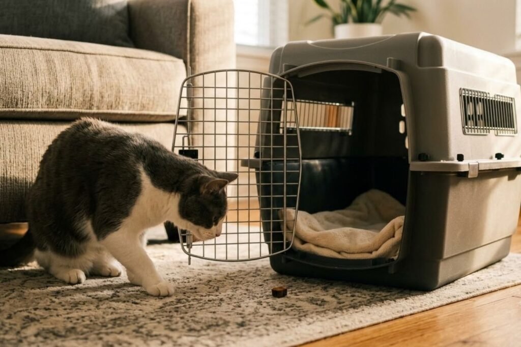 A grey cat sniffing the doorway of an open hard carrier lined with a folded blanket in a living room
