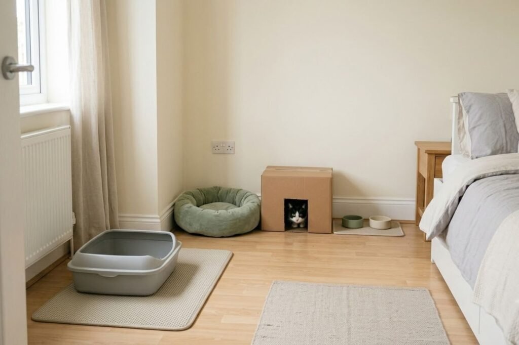 A small bright bedroom set up for a new cat, with a litter box in one corner and bowls and a bed on the far side