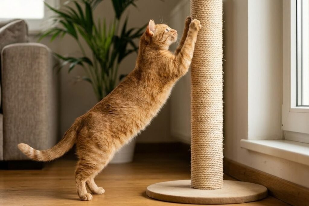 A ginger cat stretching fully upward against a tall sisal scratching post with a wide stable base