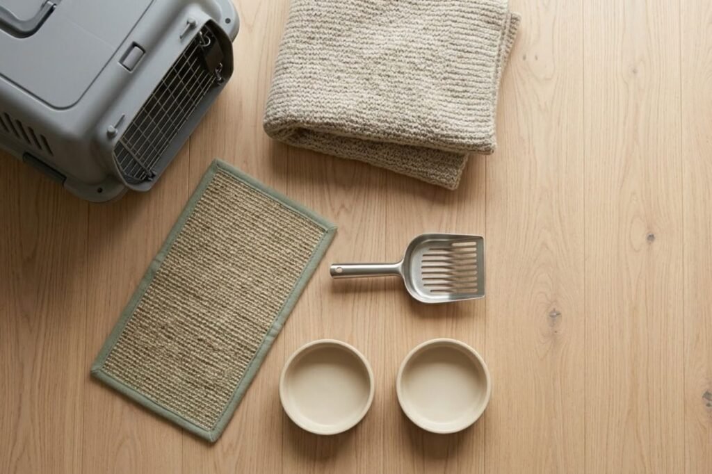Overhead view of a litter scoop, two ceramic bowls, a small sisal scratching pad and a folded blanket on a wooden floor