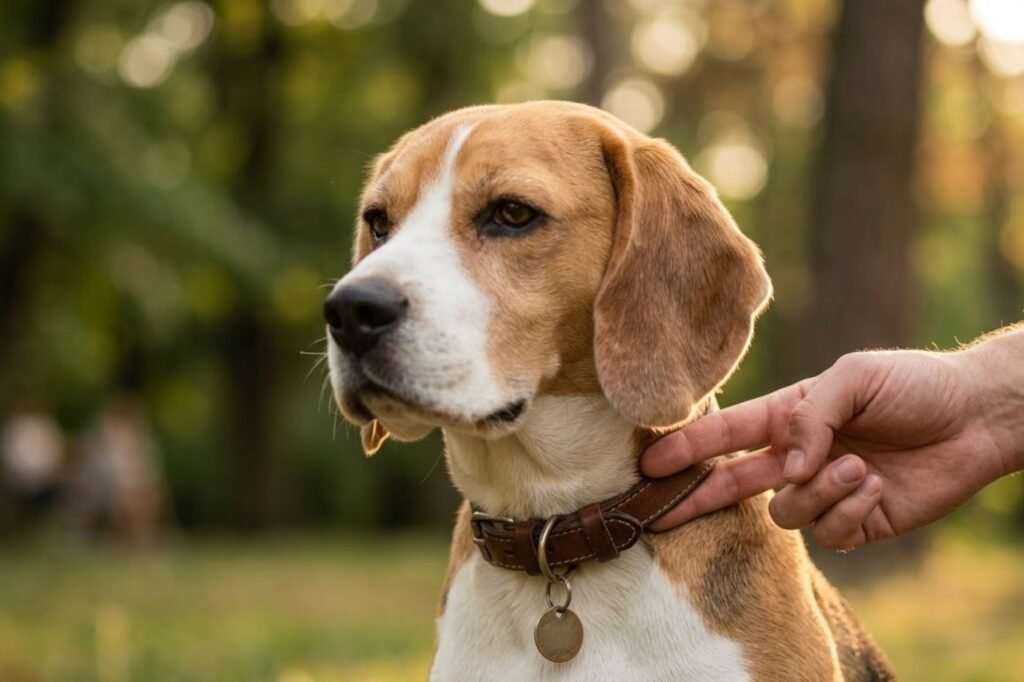 An owner’s hand slipping two fingers under a flat collar on a seated dog to check the fit