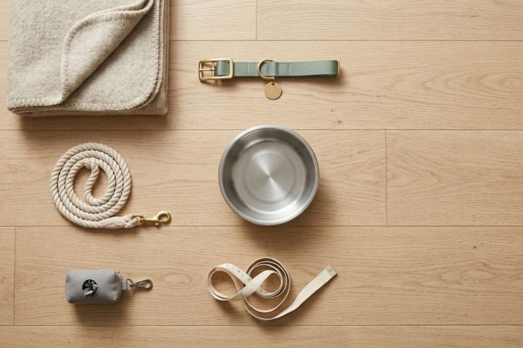Overhead view of a dog collar with ID tag, leash, steel bowl, waste bag dispenser and folded blanket arranged on a wooden floor