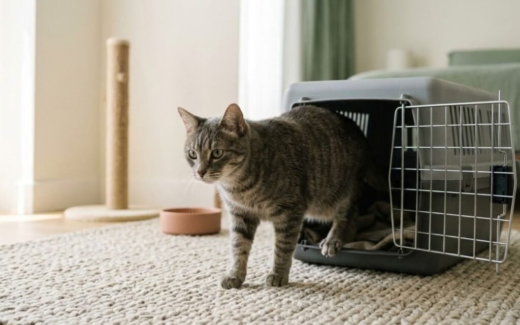 A grey tabby cat stepping calmly out of an open hard carrier onto a soft rug, with a tall sisal scratching post and a ceramic bowl softly blurred behind