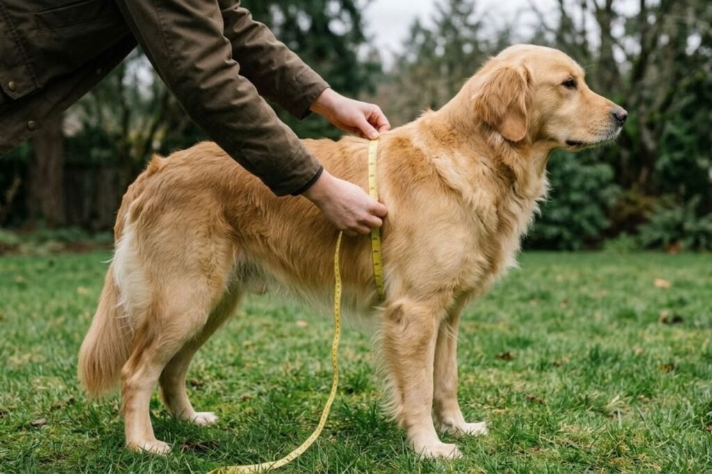 A soft measuring tape wrapped around the chest of a standing golden retriever behind the front legs