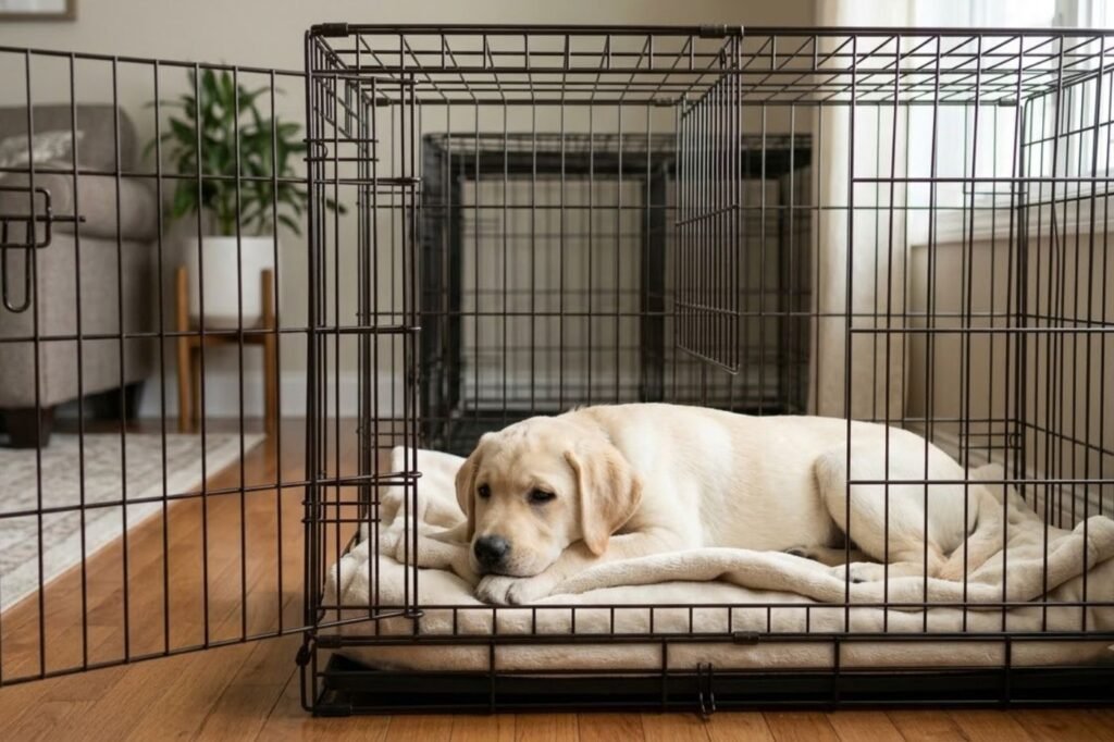 A young Labrador puppy lying on a folded blanket in a wire crate with a divider panel limiting the space