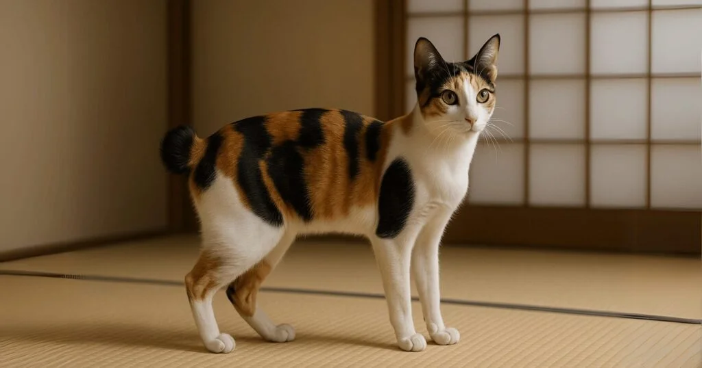 Japanese Bobtail cat stands on a mi mat floor in a room with soft natural lighting.