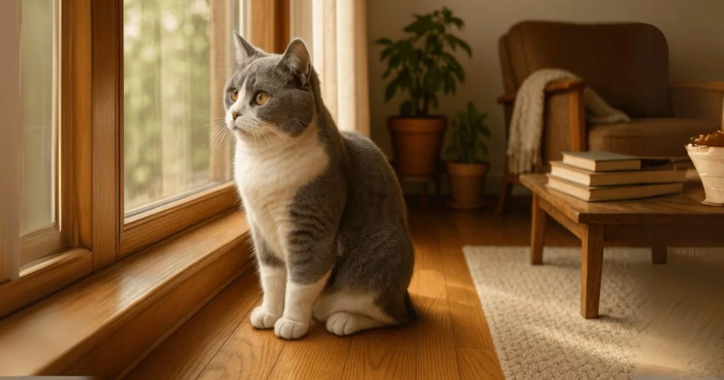 Manx Cat Manx cat without a tail with a plush gray-and-white double coat sitting on a wide.