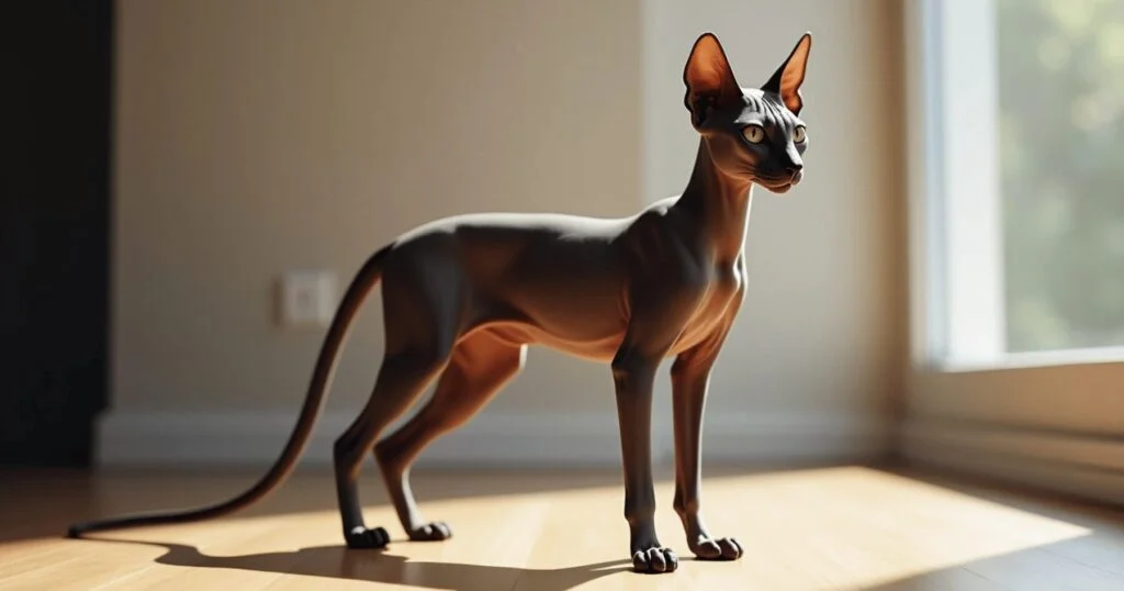 Peterbald Cat stands elegantly on a modern, minimalistic wooden floor in a softly lit room.