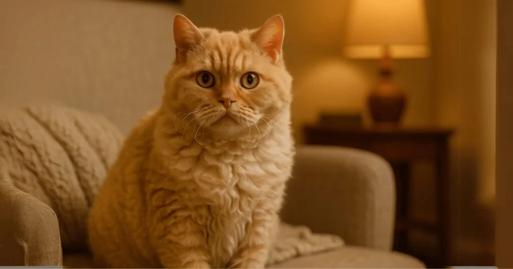 Selkirk Rex cat sits comfortably on a sofa in a warm, softly lit room.