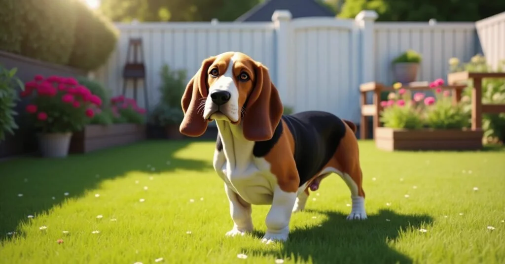 Basset Hound standing on green grass in a colorful garden with flowers and a white fence in the background on a sunny day.