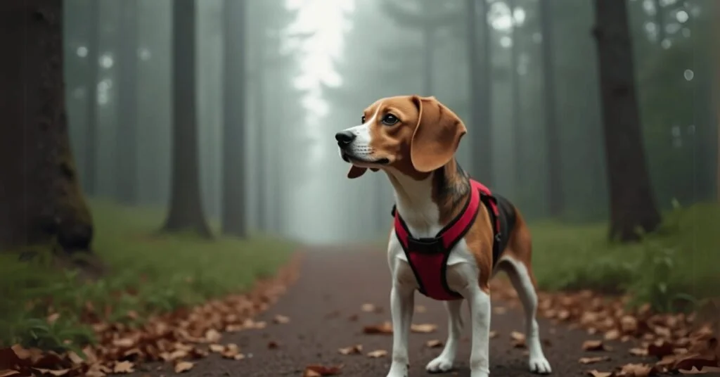 A tricolor Beagle with floppy ears stands alert on a forest trail.