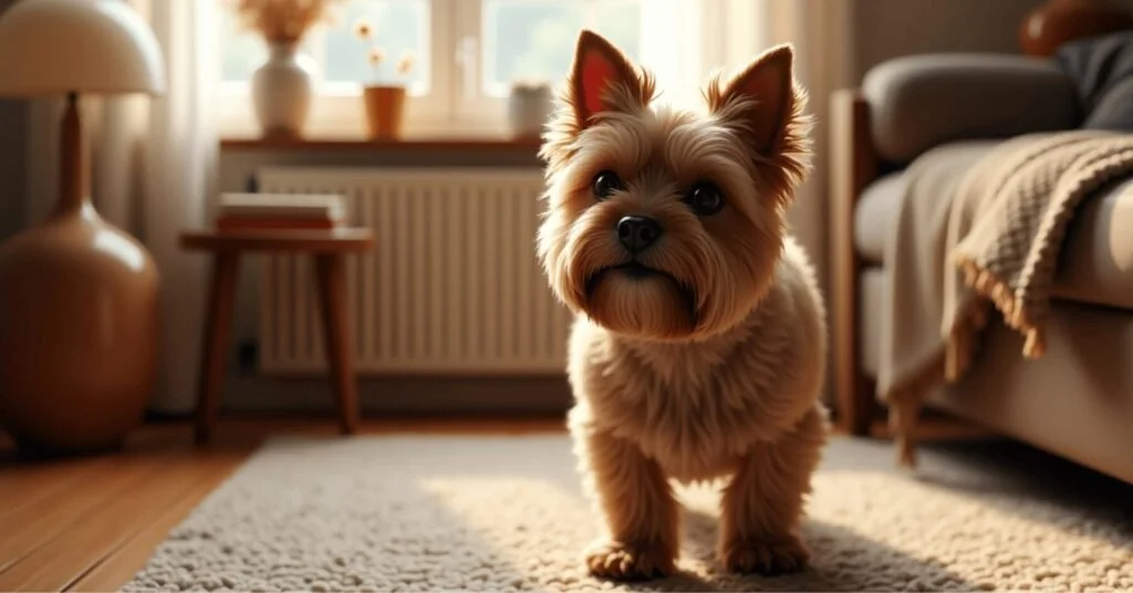 A Brussels Griffon with a wiry reddish-brown coat standing on a floor.