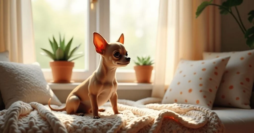 A tiny, short-haired tan Chihuahua sitting upright on a soft knitted throw blanket spread across a windowsill bench.